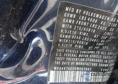 2016 Volkswagen Tiguan S from USA, damaged, VIN WVGAV7AX5GW563607